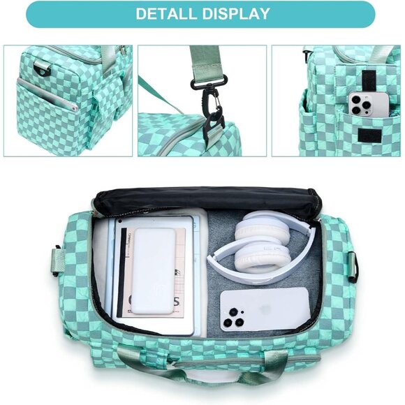 Women Blue Checkered Small Gym Carry On Weekender Travel Shoe Compartment Bag - Picture 5 of 6